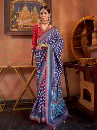 Navy Blue Soft Silk Chevron Pattern With Foil Printed Patola Saree