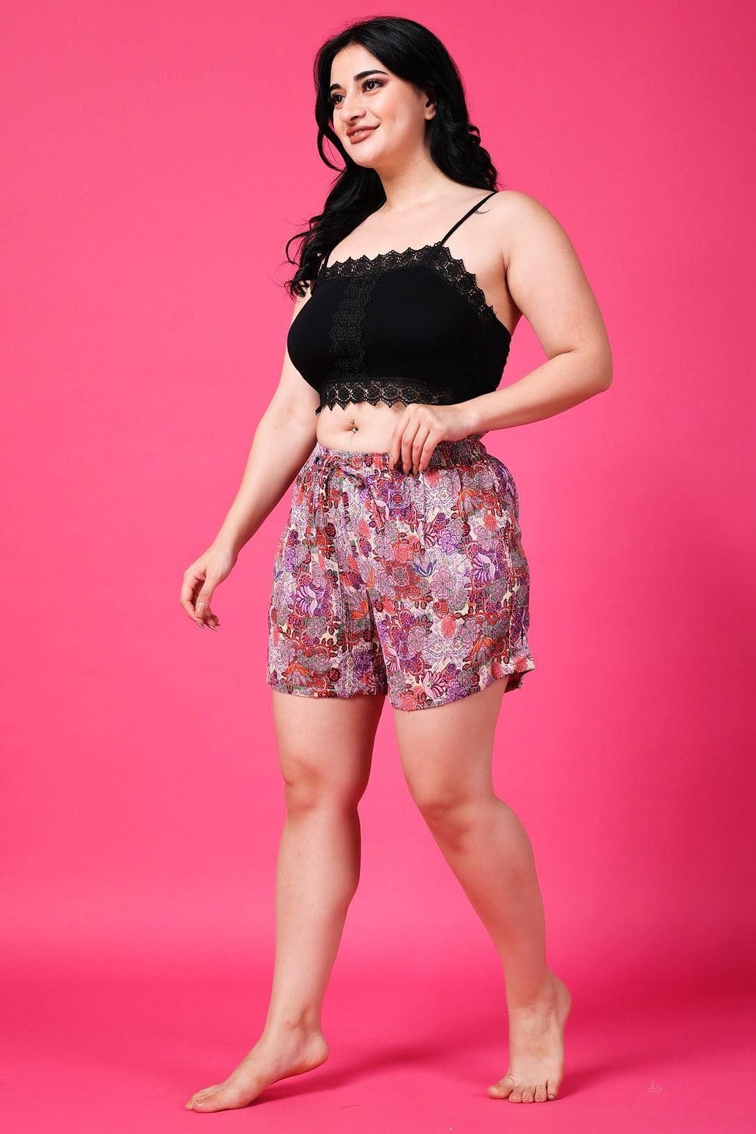 White & Pink Floral Printed Shorts-L / White