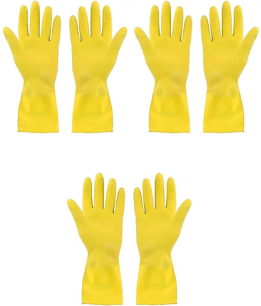 DarkShri Yellow Rubber Large Cleaning Glove Set ( Pack of 3 )