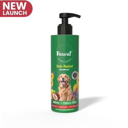 Petterati Itch Relief Dog Shampoo, Soothes Itchy & Sensitive Skin, Malodour Neutraliser, pH Optimized, 200ml + 100ml Free