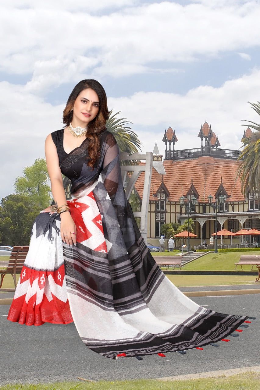 TheHangr Women's Ivory Colour Saree With Red & Black Stripe