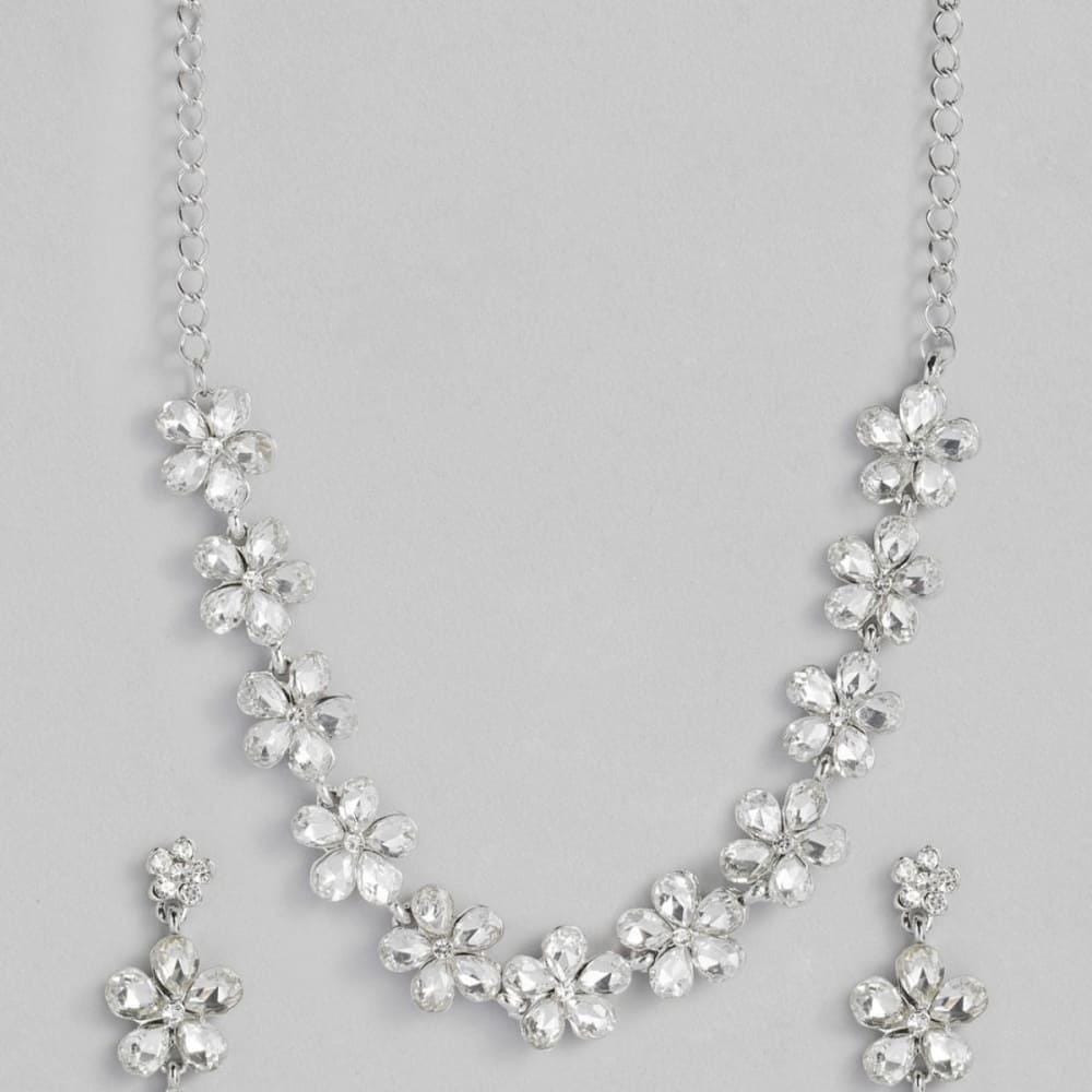 Silver Plated Stones Floral Necklace Set