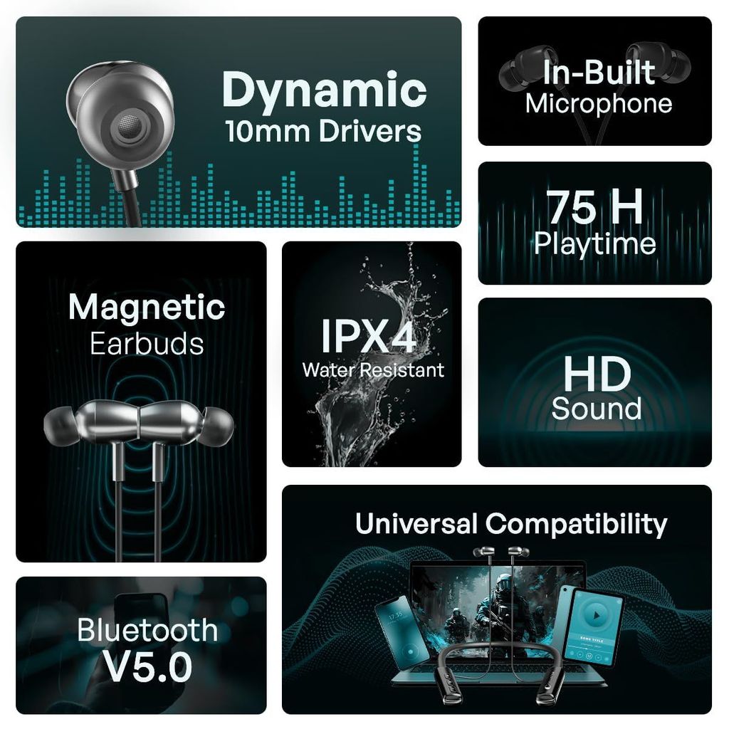 Cellecor BT-2 Waterproof Wireless Headphone with Big 75 Hours Playback time, Bluetooth V5.0, Voice assitance and Noise cancelation with inbuilt mic