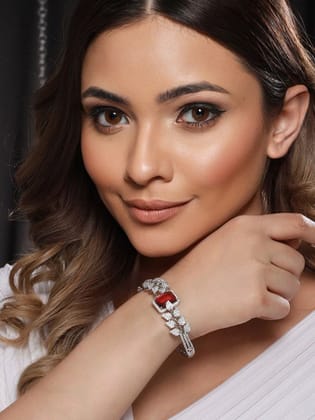 Silver Toned  Red AD Studded Statement Handcrafted Bracelet