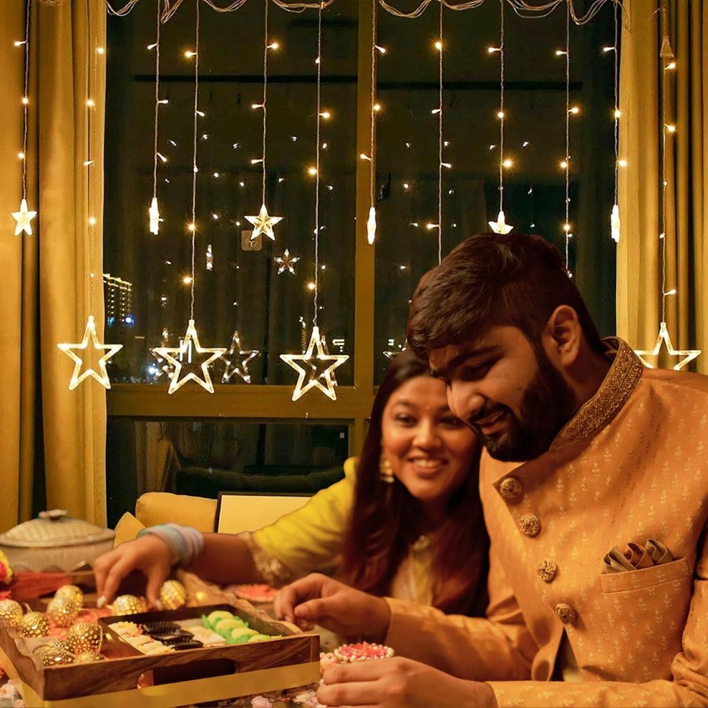 Star Curtain LED String Lights 8 Flash Modes, Warm White Copper Wire Fairy Lights for Window, Wall, Garden, Diwali, Christmas, Wedding & Home Decoration (3 Meter)