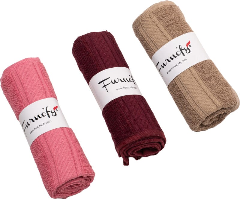 Furnofy Cotton 450 GSM Hand Towel Set Pink, Merun, Beige (Pack Of 3)