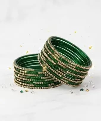 Premium Green Glass Bangles Set with Sparkling Gold Stone Work Pack of 12