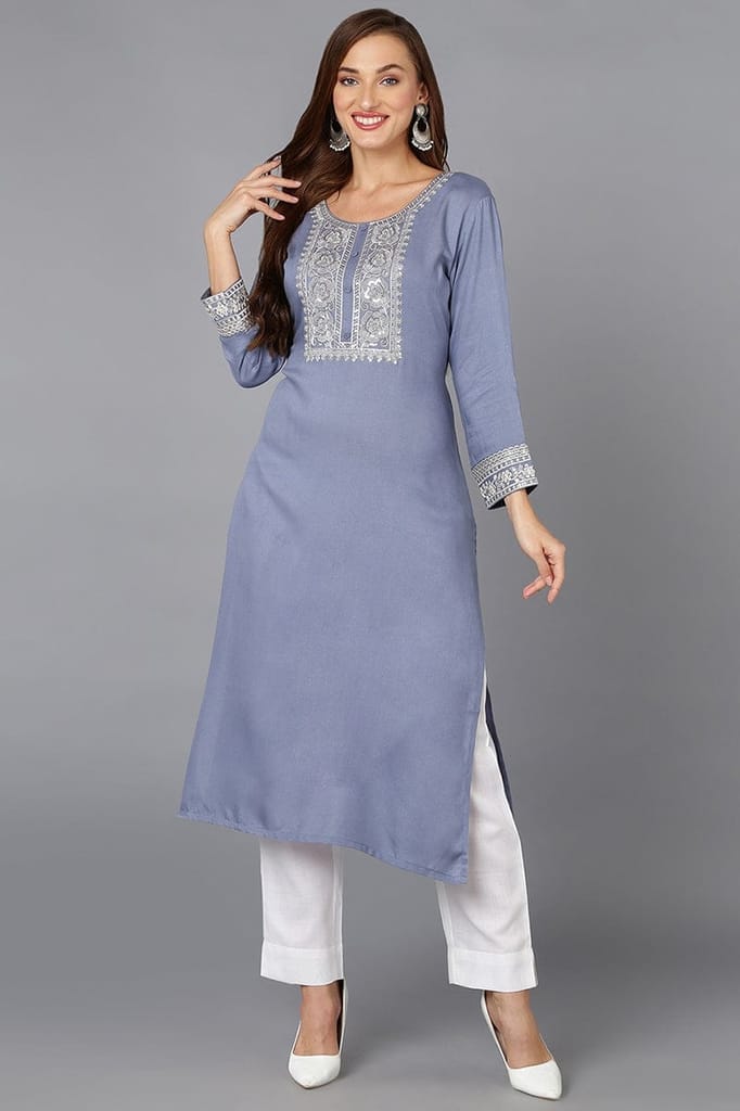 Blue Pottery Viscose Rayon Embroidered Straight Kurta VCK9219 - Kurtas & Kurta Sets | Buy online on ZillyBuy
