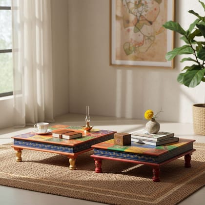 Indian Religious Hand Painted Chowki Table Set of 2