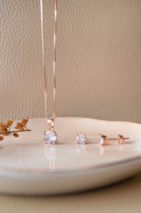 Classic Solitaire Rose Gold Plated Sterling Silver Pendant Set-With Chain / Rose