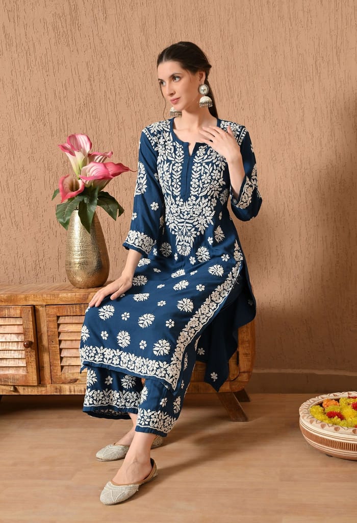 Hand Embroidered Chikankari Rayon Plazo Set - Teal