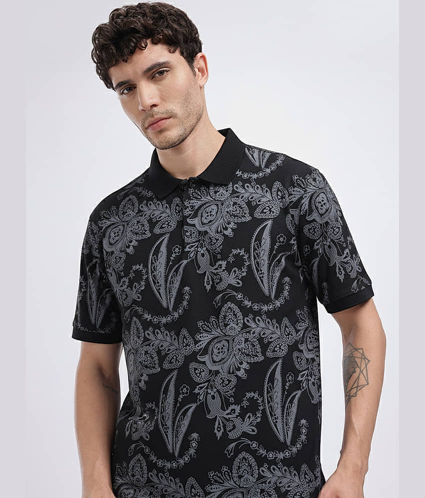 GET GOLF Men Cotton Blend Regular Fit Printed Polo T Shirt ( Black )