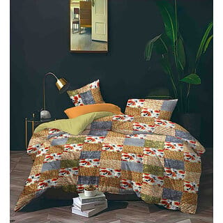 Black Bee Brown Designer With Checks,Floral Print Doublebedsheet With 2Pillowcovers (208X213Cm)(Bs4-02)