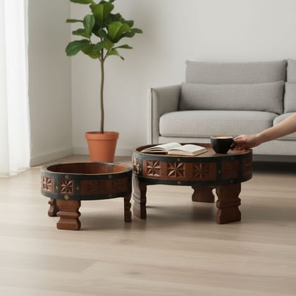Painted Carved Round Wood Coffee Table Set of 2 Center Table