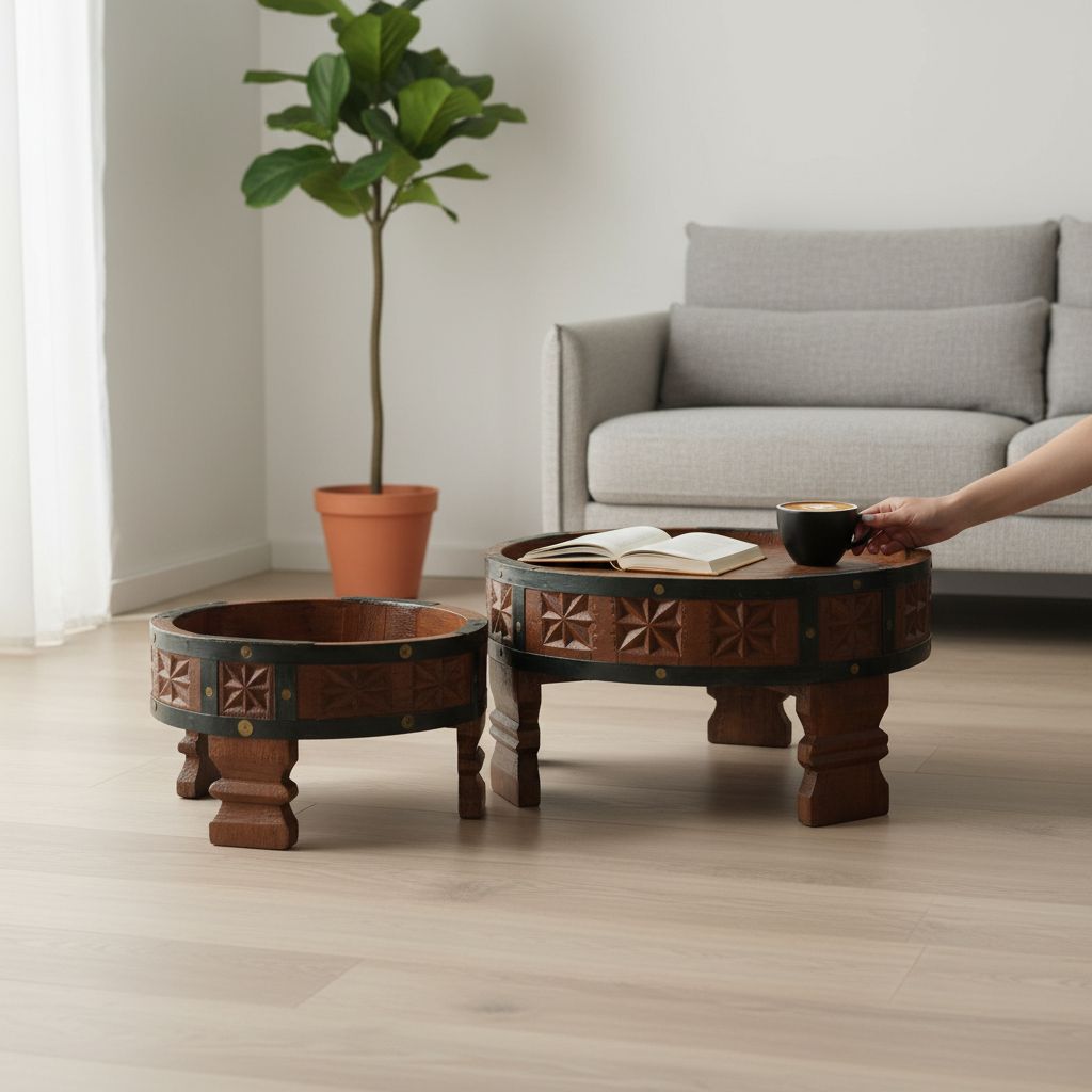 Painted Carved Round Wood Coffee Table Set of 2 Center Table