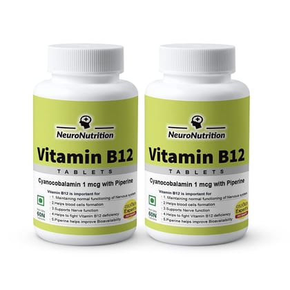 Neuronutrition Oxford Specialist Vitamin B12 (Methyl cobalamin) Plant Organic Supplement Forte Tablets With Pipeline(Fassi Approved Rda) energy metabolism,immunity brain heart cognitive Support-PACK OF 2