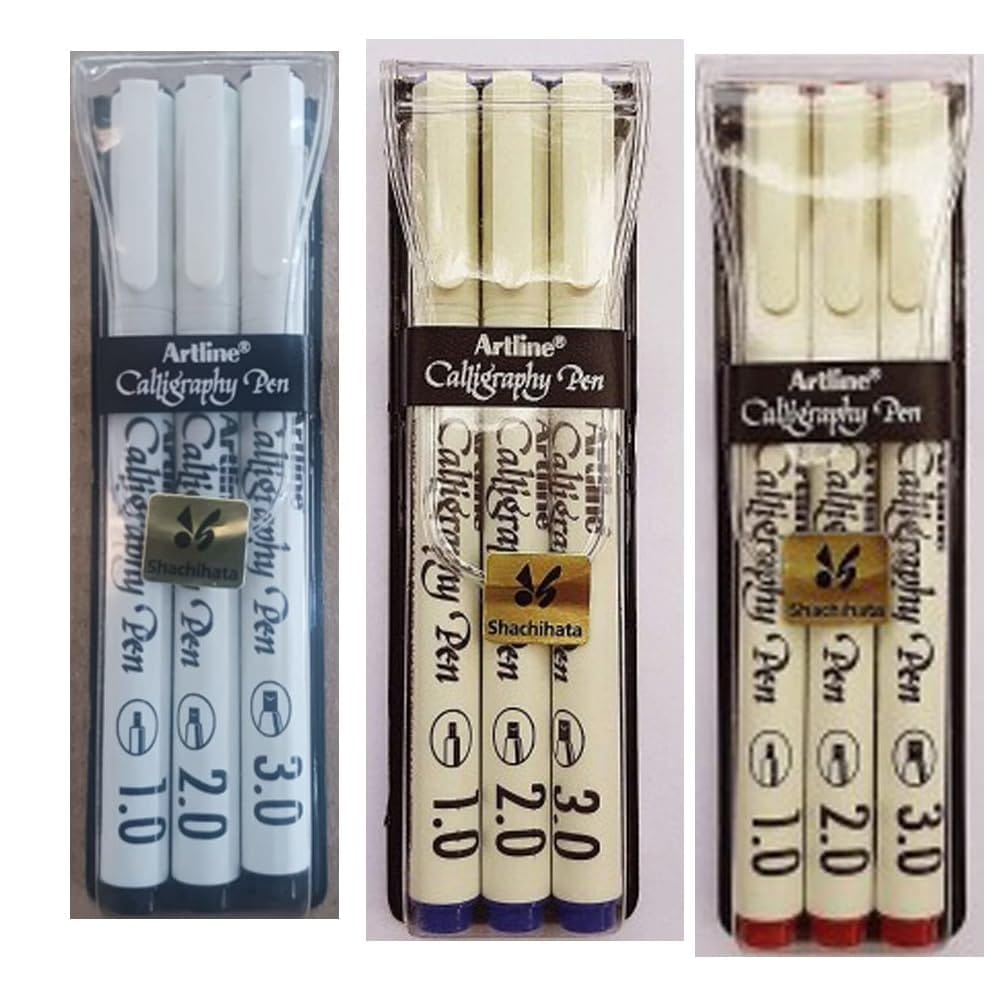 Artline Calligraphy Pen of Colours Black, Blue & Red Pack of 3 | For Cards, Sketching, Lettering & Music