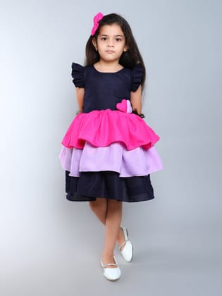 Colorblock Cotton Layered Dress with Matching Bow Clip -Navy Blue-1-2Y / Navy Blue