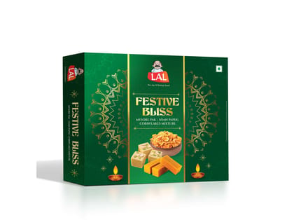 Lal Sweets Festive Bliss 550g | Include Mysore Pak & Soan Papdi 200g Each with Corn Flakes Mixture 150g | Diwali Gift Pack | Festive Mithai & Namkeen Lal Sweets Festive Bliss 550g | Include Mysore Pak & Soan Papdi 200g Each with Corn Flakes Mixture 150g | Diwali Gift Pack | Festive Mithai & Namkeen