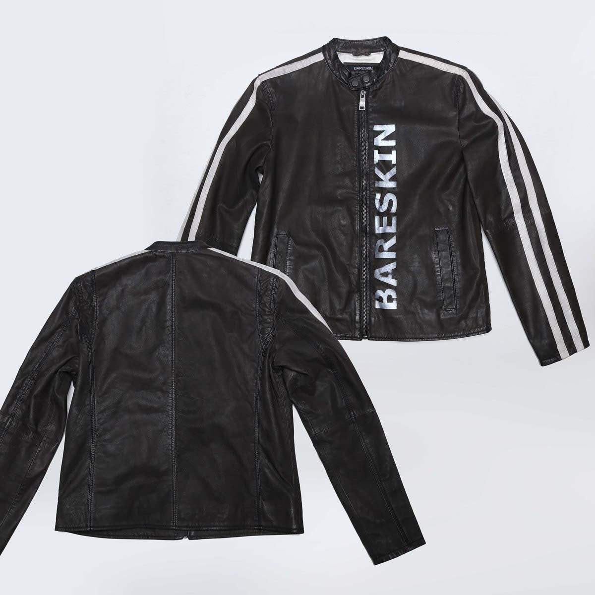 Biker Jacket Made on order in Black Leather & White Strips by Brune & Bareskin-S