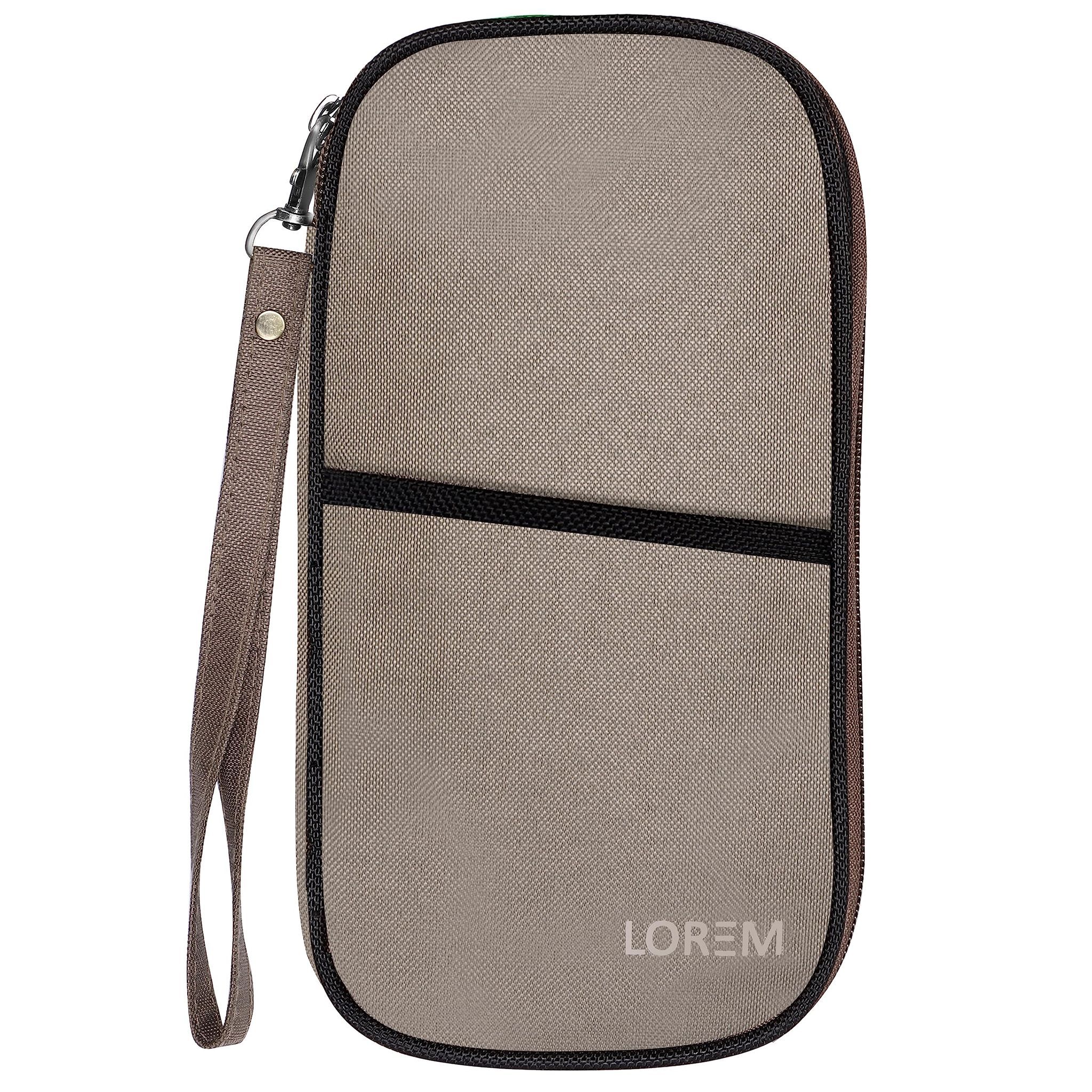 LOREM Travel Document Organizer, Grey & Black, Waterproof Passport Holder with Multiple Card Slots and Zipper Compartments