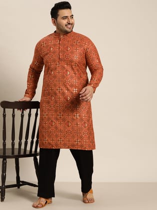 Men's Cotton Linen Orange and Multi Printed Only Long Kurta-44