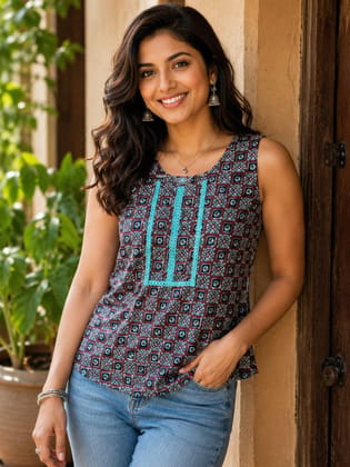 Geometric Ethnic Print Sleeveless Top-XL