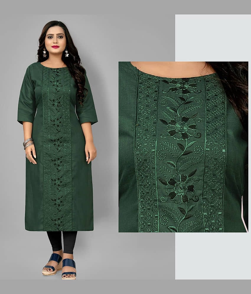 Hetsa Pack of 1 Cotton Blend Embroidered A-line Women's Kurti - ( Dark Green )