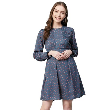 Women's Polyester Polka Long Sleeves Above Knee Dress (Grey - Coral, 2XL)-PID55809 Women's Polyester Polka Long Sleeves Above Knee Dress (Grey - Coral, 2XL)-PID55809