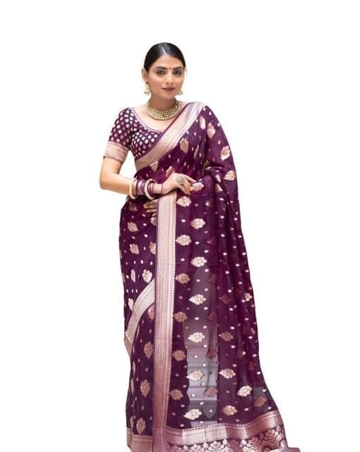 Women's Soft Lichi Silk Printed Saree With Unstitched Blouse 5.5Mtr (Purple)-PID63646