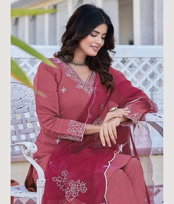 TRAHIMAM Women Silk Blend Embroidered Straight Kurti With Pants ( Brown )