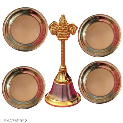 Brass Puja Plate Set of 4 with 1 Garuda Bell | Traditional Pooja Plate for Home Temple