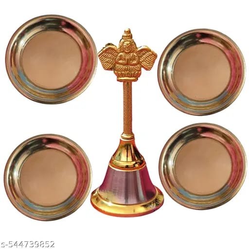 Brass Puja Plate Set of 4 with 1 Garuda Bell | Traditional Pooja Plate for Home Temple