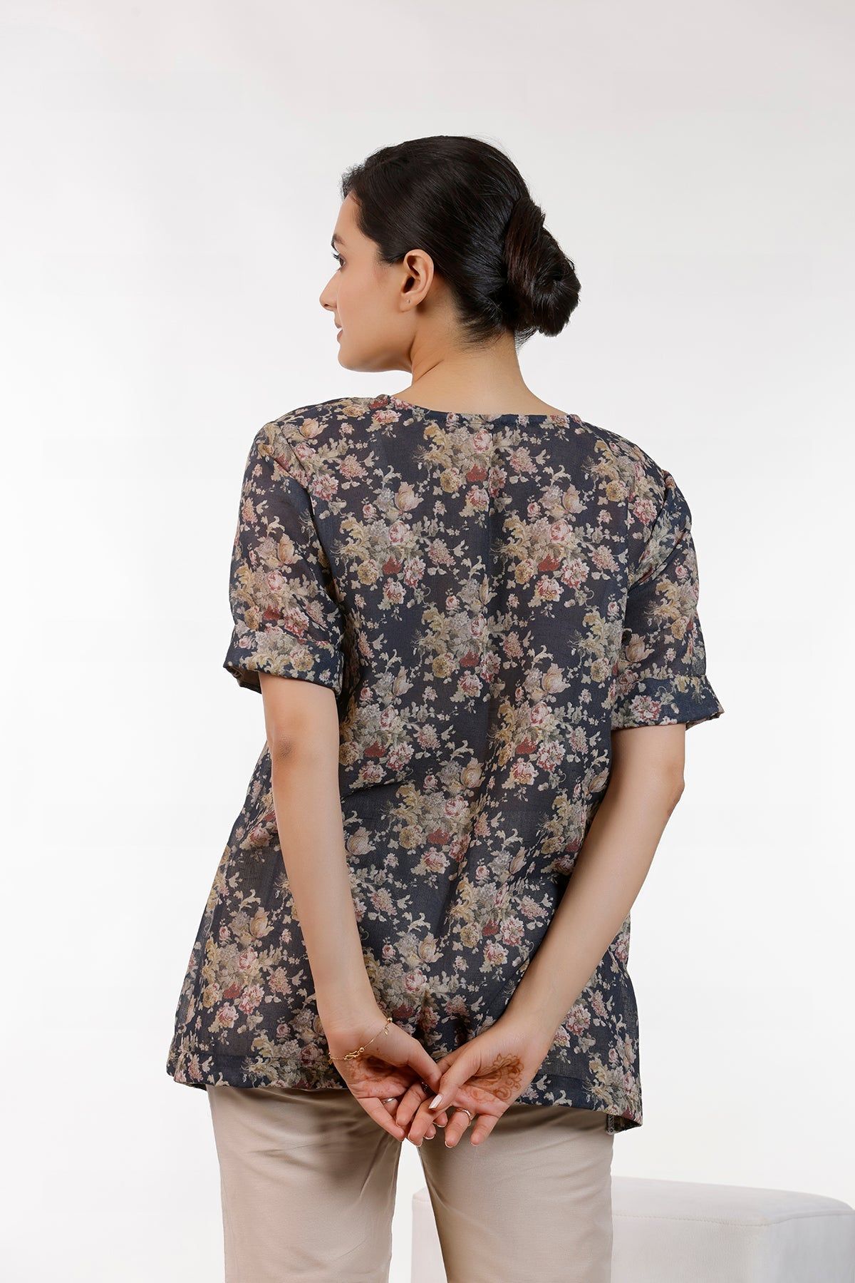 Black Floral Print Top-XS