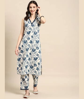 VASTRANARI Women Cotton Printed Straight Kurti With Pants ( Blue )