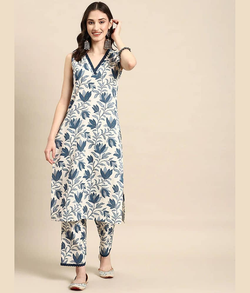VASTRANARI Women Cotton Printed Straight Kurti With Pants ( Blue )