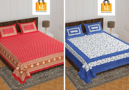 2201-Hometrade India- Standard Double Size (90*100 in )-Combo Jaipuri Double bedsheet With Matching Pillow Cover
