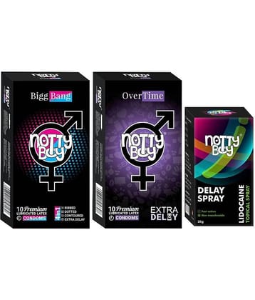 NottyBoy OverTime Non-Transferable Spray 20gm with 4IN1 BiggBang and Extra Delay Condoms (Pack of 2, 20Pcs)