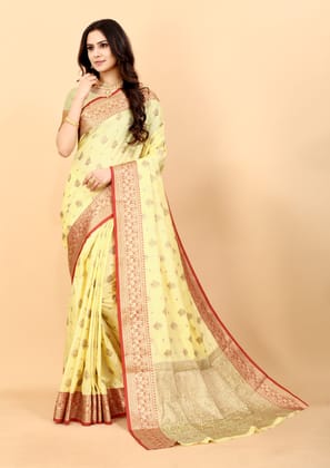 Yavira silk Women's Yellow Handwoven Silk Blend Saree