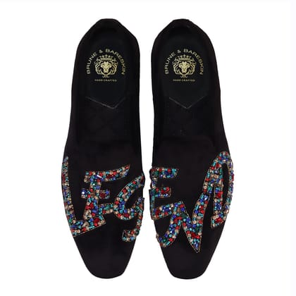 Men's Slip-On Shoes with Crystal Stones Multi-Color Mixed LEGEND Embellished in Black Velvet-40/6
