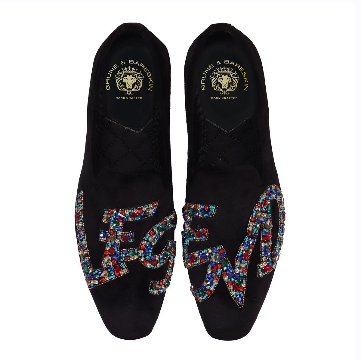 Men's Slip-On Shoes with Crystal Stones Multi-Color Mixed LEGEND Embellished in Black Velvet-40/6