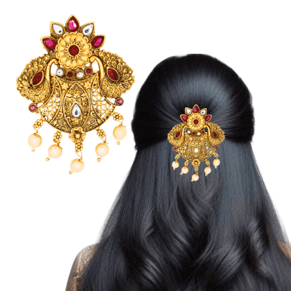 Traditional Temple Peacock Design Gold-Plated Hair Barrette with Pearl Accents