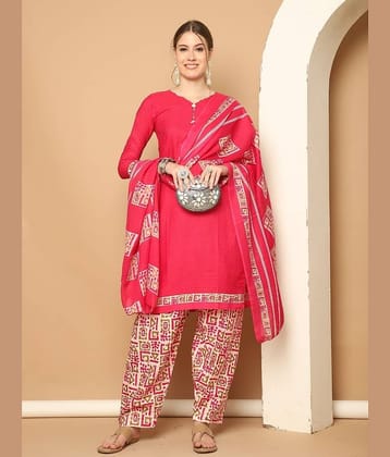 wonder weave Women Cotton Blend Printed Straight Kurti With Patiala Salwar ( Pink )