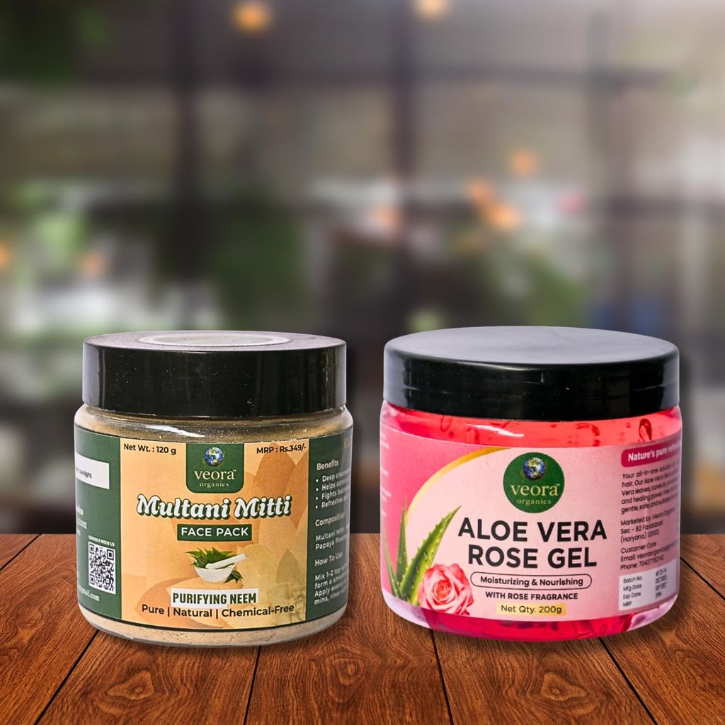 Veora Organics Aloe Vera Rose Gel & Neem Multani Mitti Face Pack Combo | Hydrating Aloe Vera Gel with Purifying Neem Face Mask | Acne Care, Deep Cleansing, Oil Control & Skin Nourishing | Natural Skincare | 200g + 120g