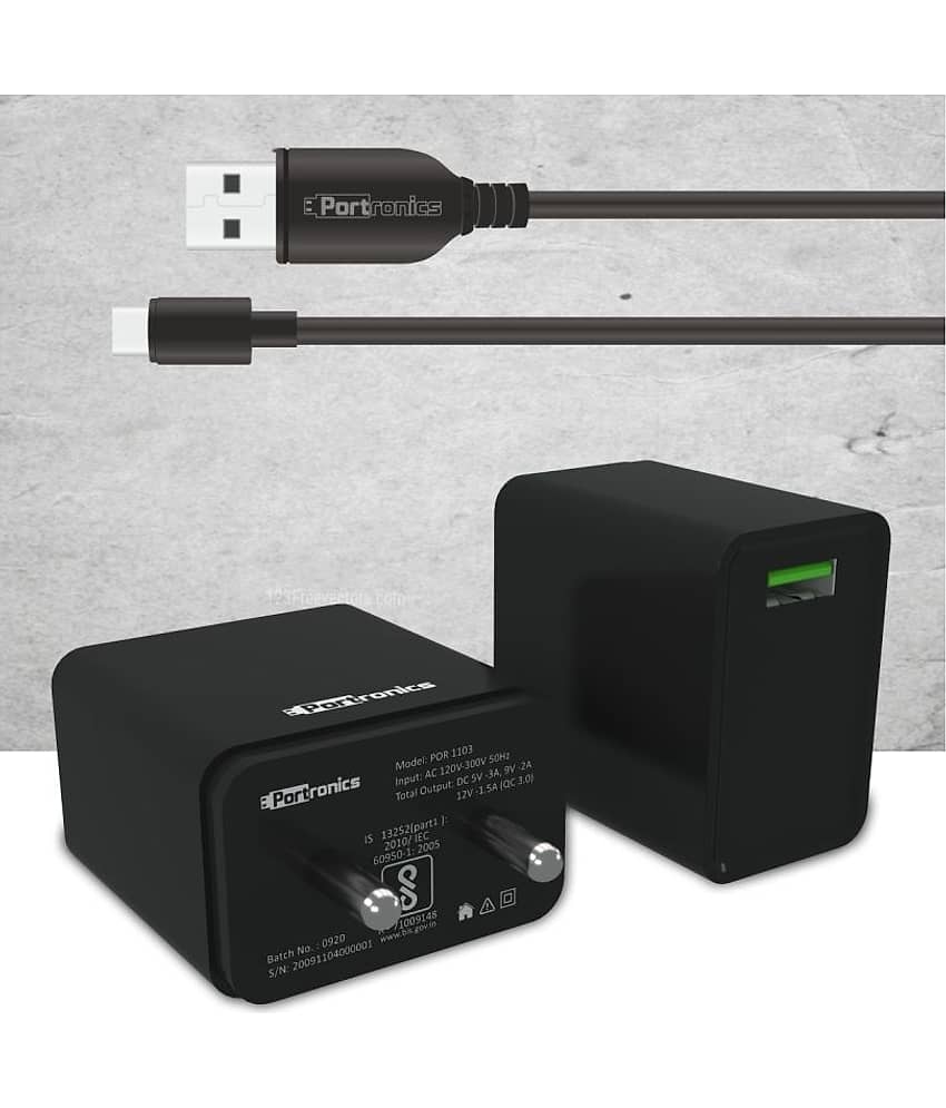 Portronics Adapto One ( With Micro Cable):3.0A Single Port Adapter With Quick Charge ,Black (POR 1103)