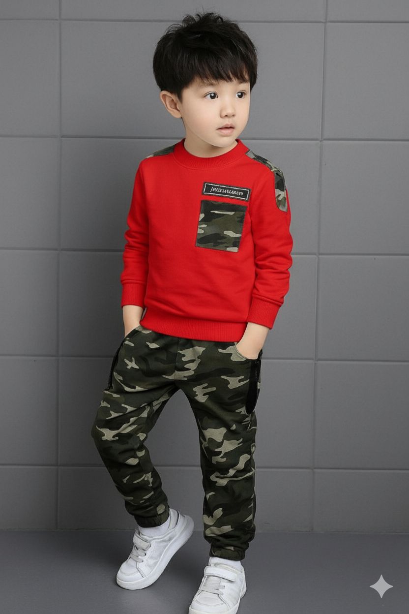 BOYS ARMY PRINTED RED T-SHIRT AND TRACK PANT SET
