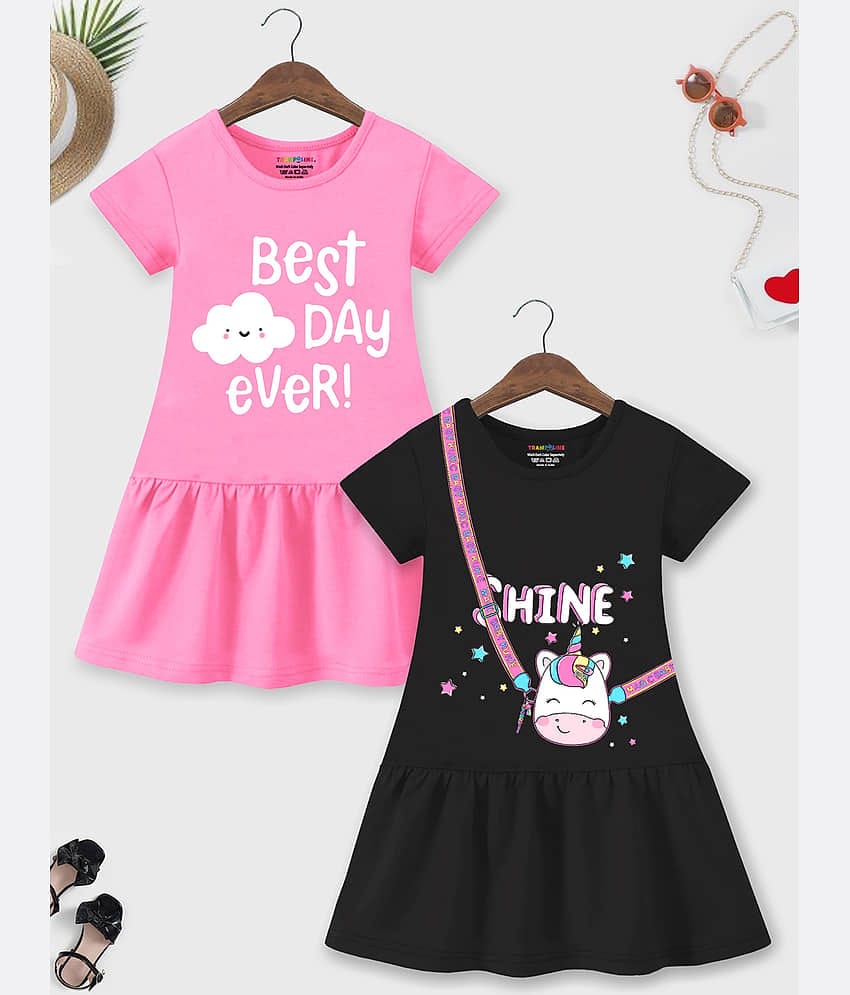 Trampoline Cotton Blend A-line Dress For Girls ( Pack of 2 , Pink & Black )