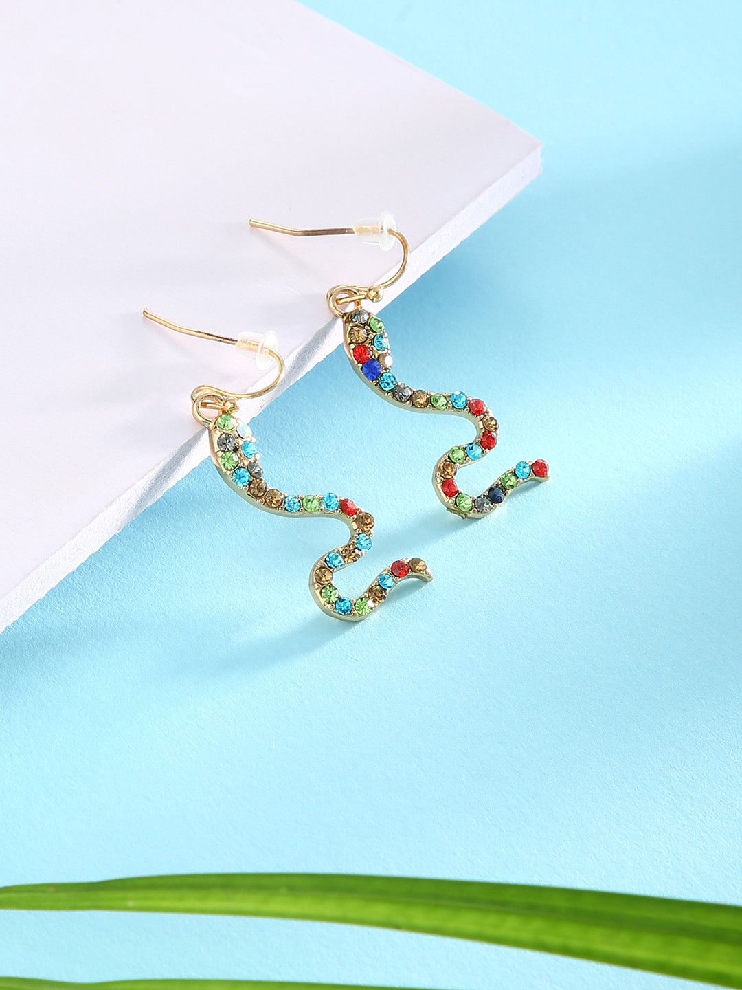 justpeachy Multicoloured Stone Studded Snake Drop Earrings