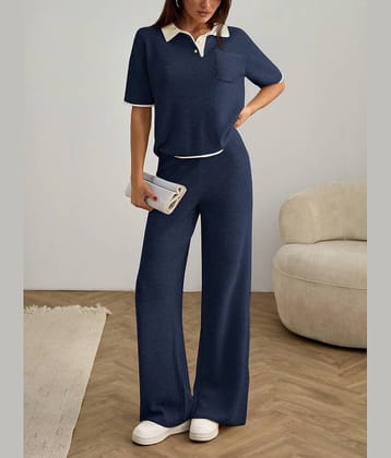 Christy World Women Solid T-Shirt With Trousers Co-Ord Set ( Navy Blue )