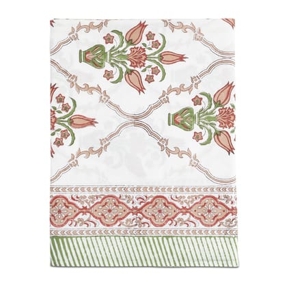 Block Print Table Cover - 60x90"-60Inches x 90Inches / 5ft x 7.5ft / White Brown Red & Green / 100% Cotton